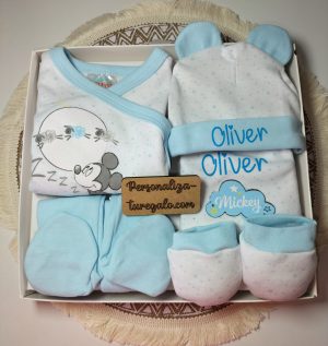 Set 5 piezas primera puesta Mickey Azul + Nombre