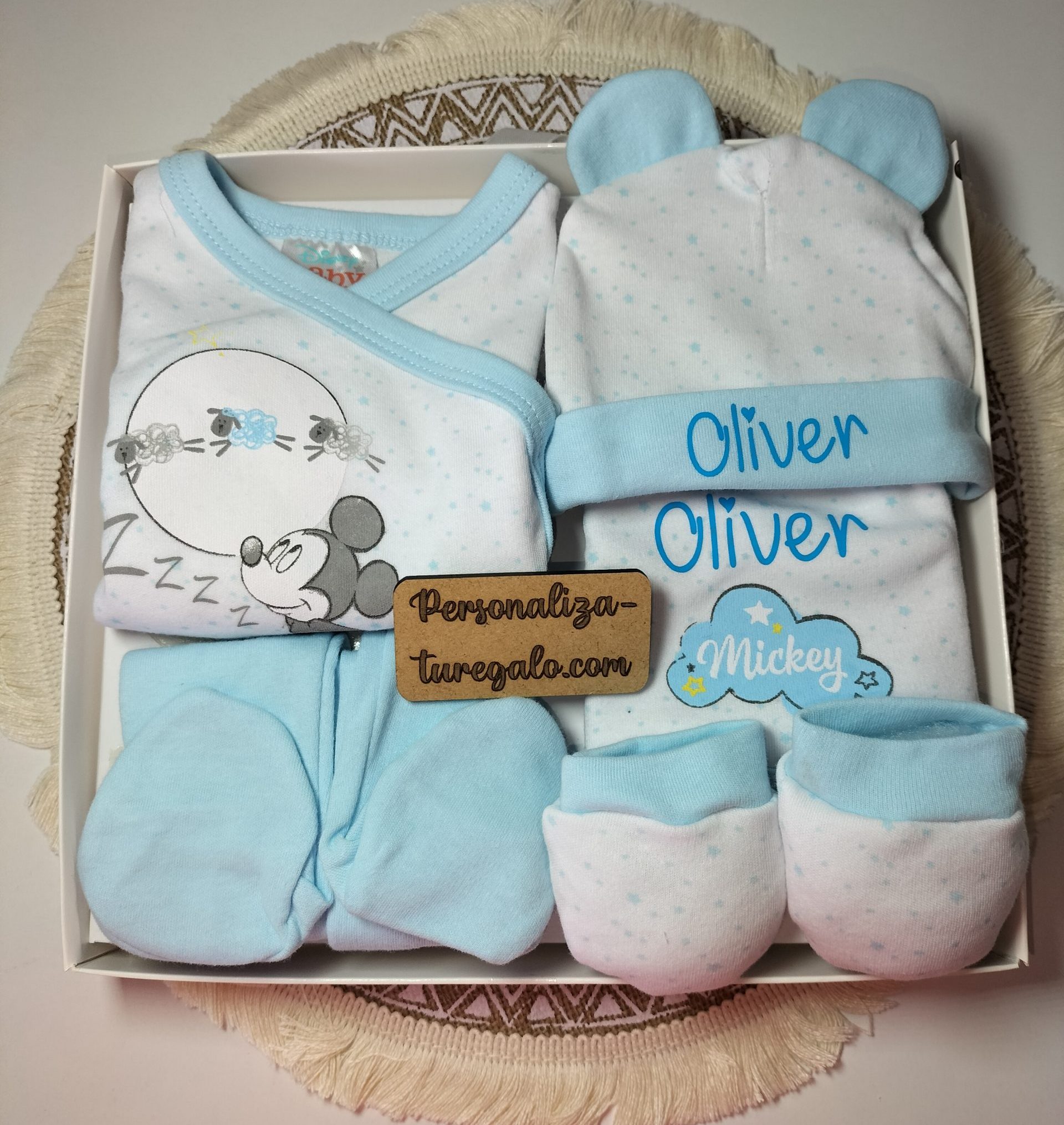 Set 5 piezas primera puesta Mickey Azul + Nombre