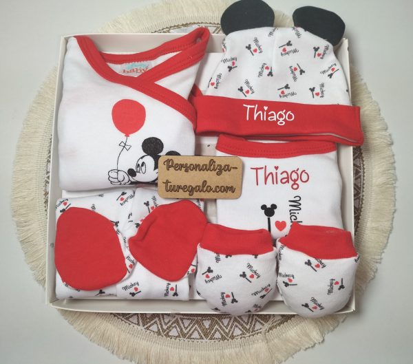Set 5 piezas primera puesta Mickey rojo + Nombre