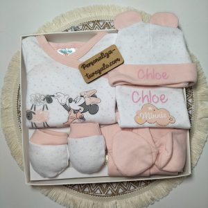 Set 5 piezas primera puesta Minnie rosa + Nombre