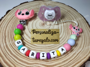 Chupetero + Chupete Stitch Rosa