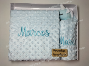 Cajita Manta + Doudou Bordado Unicornio Azul Claro