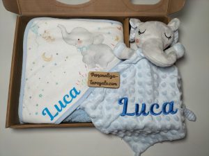 Pack Cajita Capa de Baño Azul + Doudou Personalizado con nombre